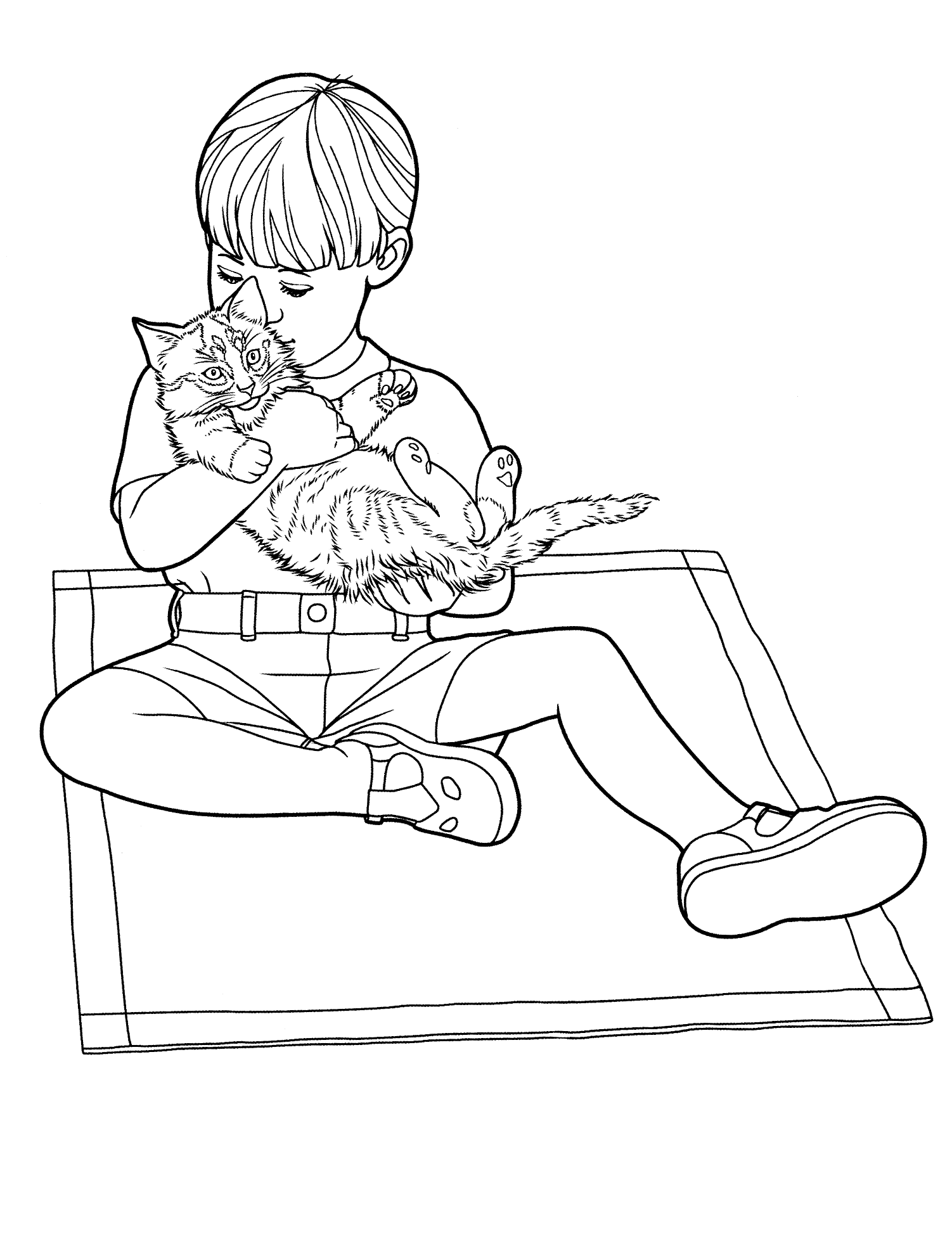 Kolorowanka z kotem i dzieckiem - rozwijaj wyobraźnię i empatię kolorowanka do druku